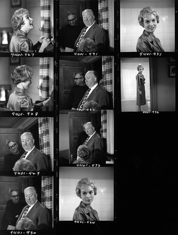 Frames dos bastidores de Psicose, com Saul Bass, Alfred Hitchcock, and Janet Leigh, 1960. © Copyright Academy of Motion Picture Arts and Sciences.